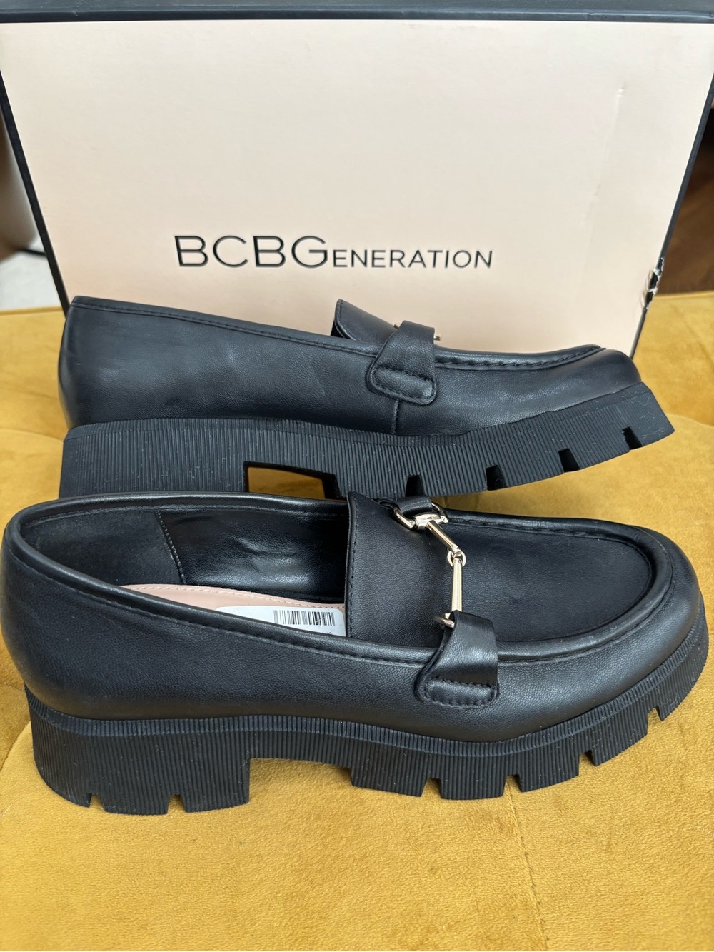 BCBGeneration Black Chunky Lug Loafers with Gold Bit